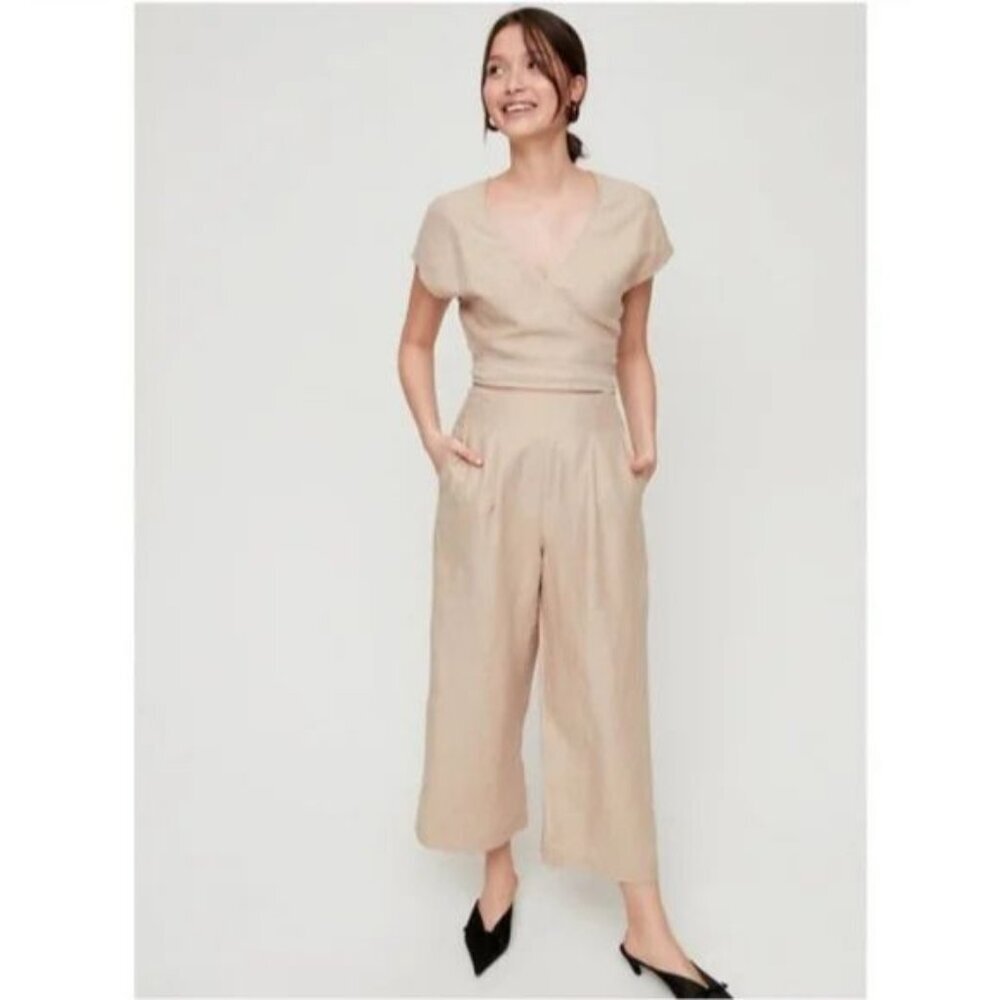 Bohme Women XS Linen Jumpsuit Beige Wide Leg Breathable Wrap Cross Tie Cutout